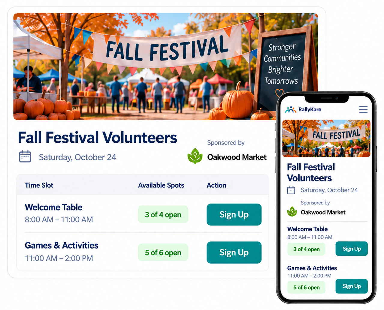 Fall Festival Volunteers signup for Saturday, October 24, sponsored by Oakwood Market. Welcome Table has 3 of 4 spots open from 8:00 AM to 11:00 AM. Games and Activities has 5 of 6 spots open from 11:00 AM to 2:00 PM. A phone shows the same signup.